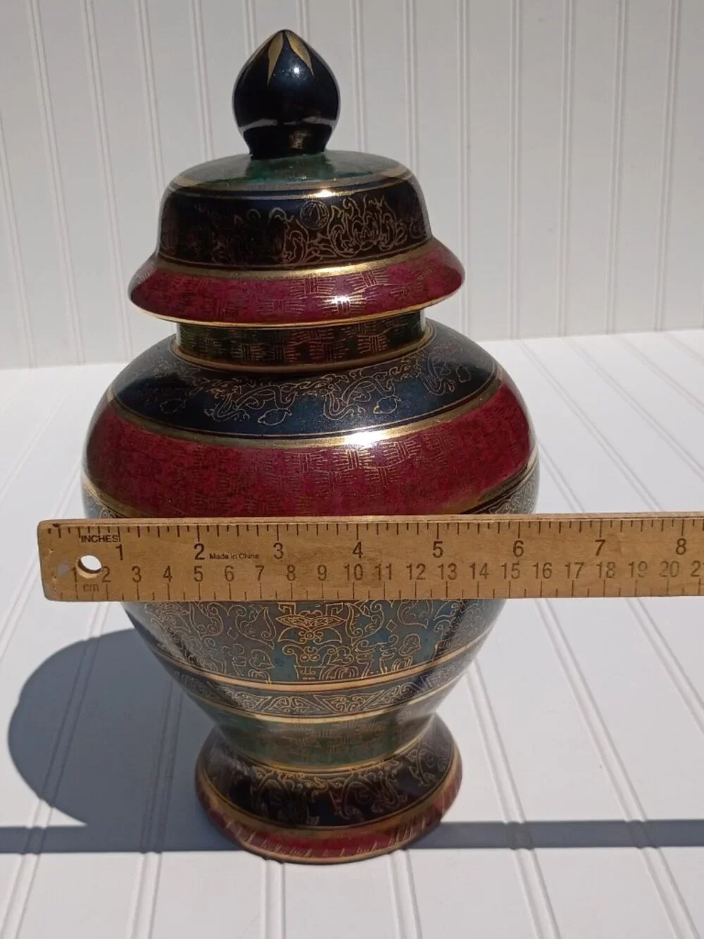 Vintage Andrea by Sadek Porcelain Ginger Jar Lidded Vase Maroon Stripe Gold Gilt